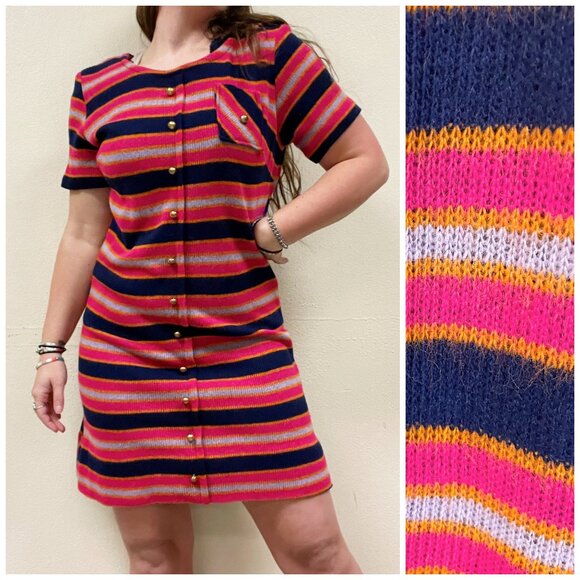 Vintage 70s Handmade Striped Mod Knit Sweater Shift Dress | Size M/L - Picture 1 of 12